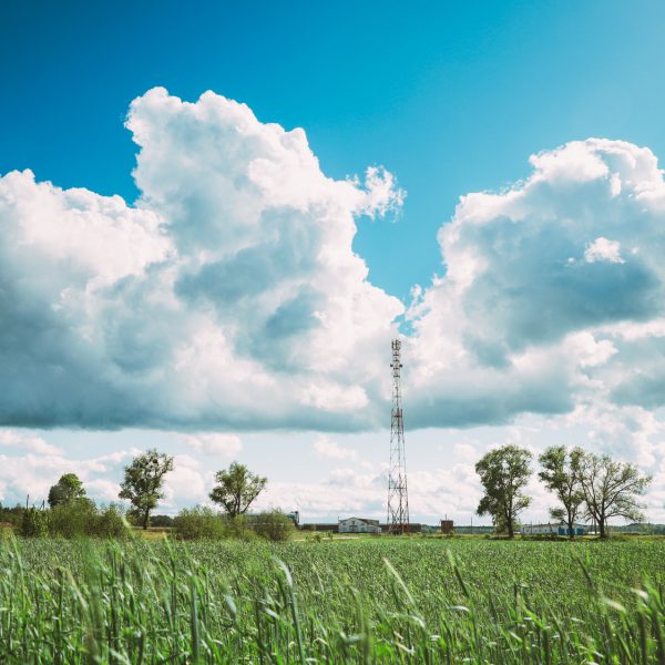 Telecommunications Cell Phone Tower With Antenna And Countryside Rural Field Landscape With Young